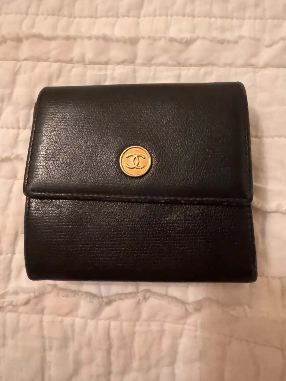 Chanel Black Caviar Leather Coco Button Trifold Compact Wallet